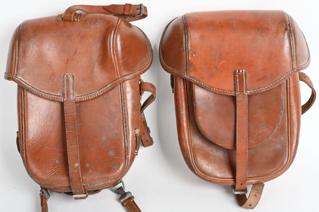 WWII NAZI CAVALRY TROOPER'S M34 SADDLE BAG SET WW2: Smooth finished, molded, tan leather construction right hand side M34 saddle bag with alloy fittings and machine stitched seams, designed to carry the Cavalry trooper’s kit. Nice clean set. Although
