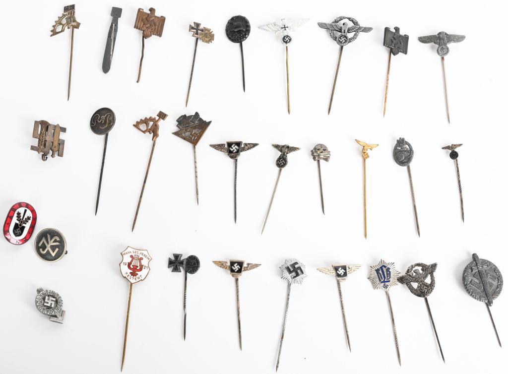 WWII NAZI GERMAN STICKPIN LOT PANZER RLB SA NSKOV: Large grouping of stickpins to include 1) NSBO MEMBER'S LAPEL PIN. A silver-washed alloy lapel pin, in the form of the NSBO emblem, approximately 15mm square. The emblem is comprised of, to the right,
