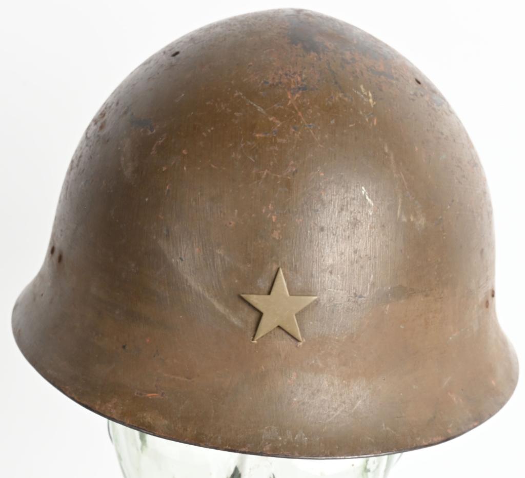 WWII IJA TYPE 90 COMBAT HELMET WITH LINER WW2: The standard WWII Japanese infantry combat helmet. The shell, constructed from chrome polybend steel retains a good portion of its original paint. The original IJA metal star affixed to the front is a