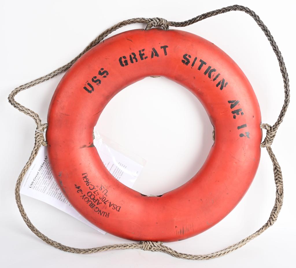 U.S.S. GREAT SITKIN AE 17 LIFE RING PRESERVER: USS Great Sitkin (AE-17) was launched 20 January 1945 and commissioned August 11, 1945. Original life preserver measuring 24" diameter and is marked Ring Buoy 24'" APCO DSA-700 67-C-9641 U.S. . Excell