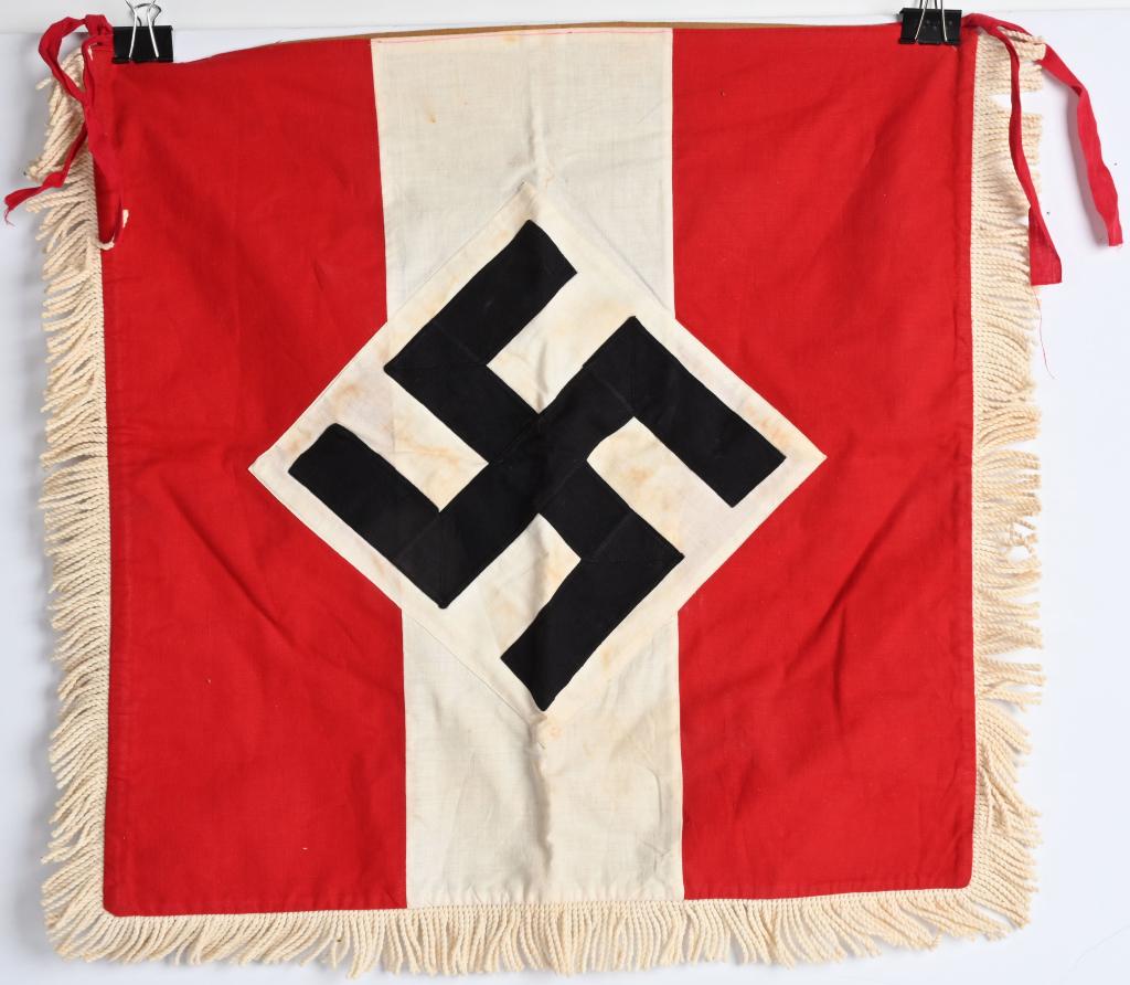 REPRO NAZI GERMAN HJ FANFARE TRUMPET BANNER: Reproduction HJ trumpet banner approximately 46cm square double sided multi-piece cotton construction banner with four doubled tie strings along its upper edge for affixing it to a trumpet. To both si