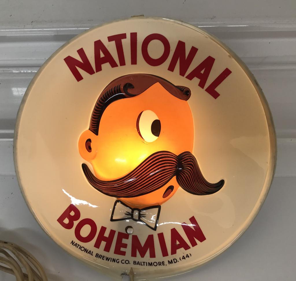 NATIONAL BOHEMIAN LIGHT-UP SIGN: Nice National Bohemian Light-Up Sign. All original with nice colors. Worked when tested. Plastic front. Back has LA Goodman MFG Co tag. 10" Excellent