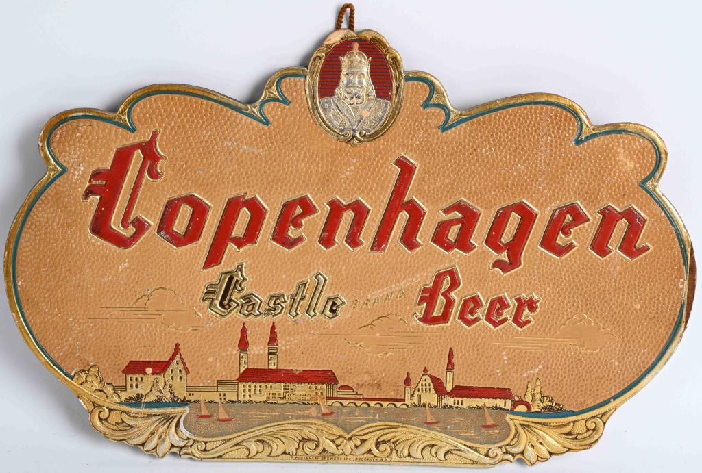 COPENHAGEN CASTLE BEER FOIL SIGN: Copenhagen Castle Beer foil over cardboard sign. Can hang or sit on counter. 15 1/2" Excellent