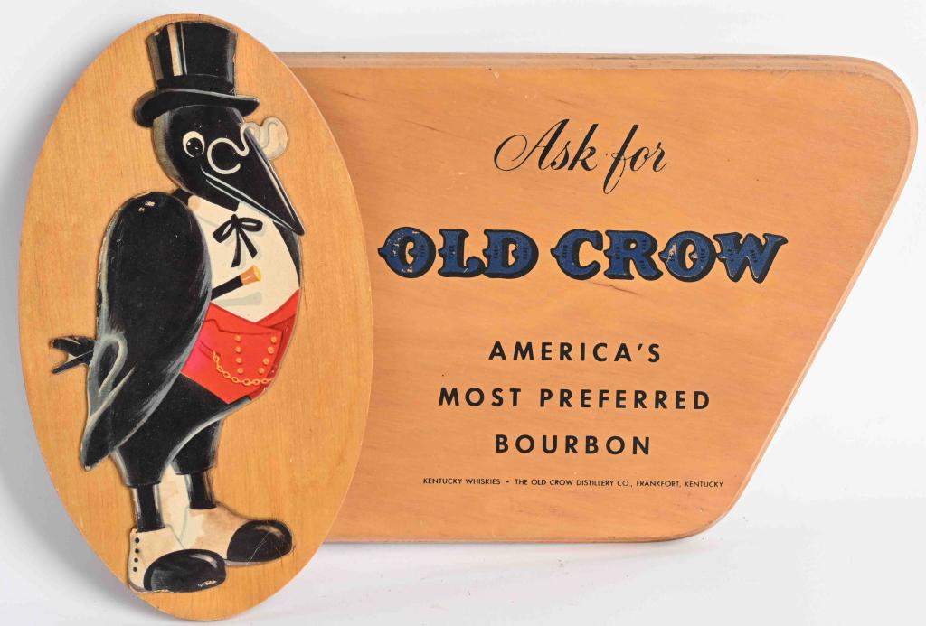 OLD CROW BOURBON WOOD SIGN: Old Crow Bourbon wood sign. Has Old Crow mascot. 14" Excellent