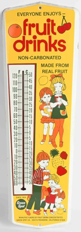 GREEN SPOT FRUIT DRINKS THERMOMETER: Green Spot Fruit Drinks tin Thermometer. All original with nice colors. 24" Excellent