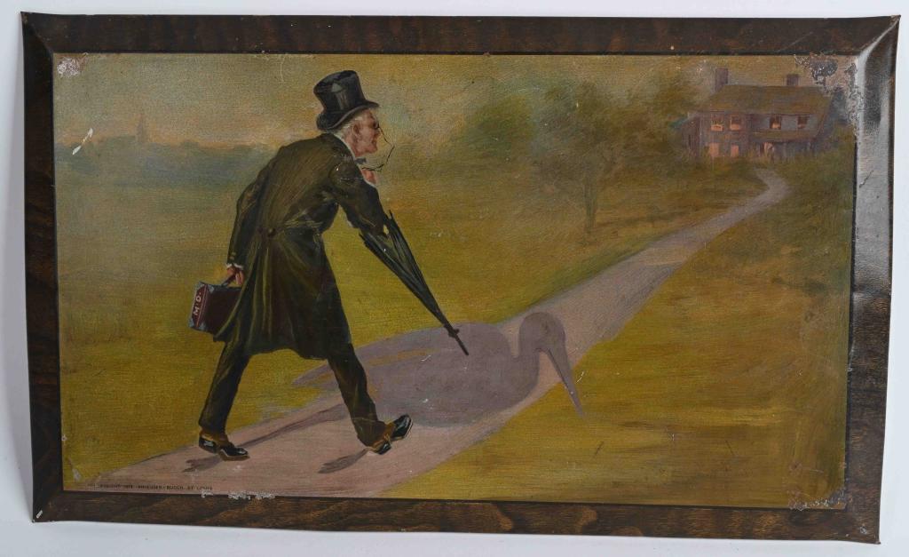 1915 ANHEUSER BUSCH DR STORK TIN SIGN: 1915 Anheuser Busch promotion offering $250 for naming the painting show on this tin sign. All original tin over cardboard. 12 1/2" x 7 1/2" Very Good-Excellent