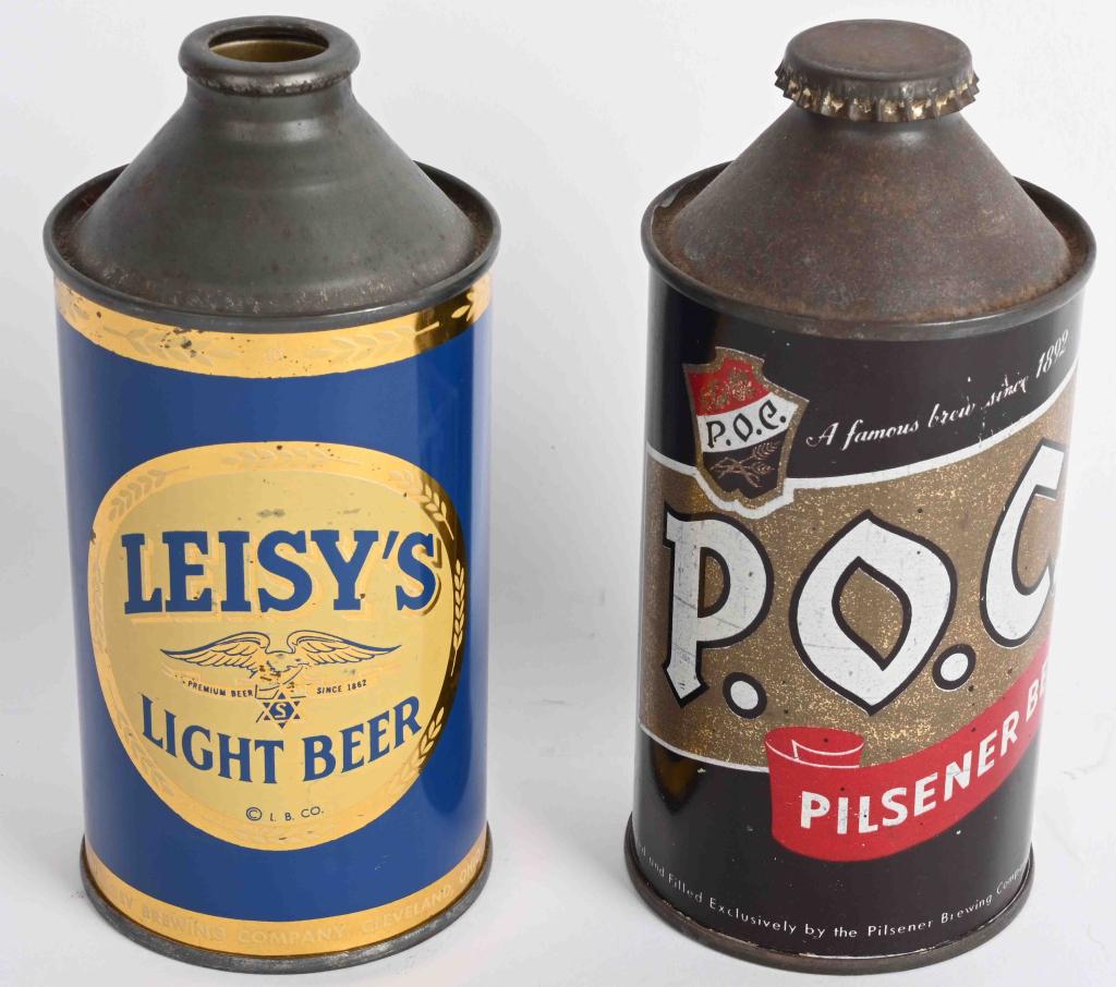POC & LEISY'S CONE TOP BEER CANS: Poc and Leisy's Light Cone Top Beer Cans. POC still has cap. Both in great shape.