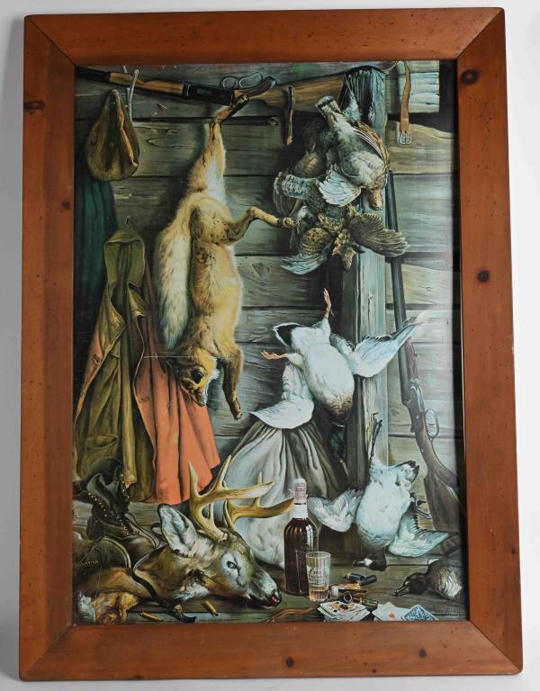FOUR ROSES & PAUL JONES WHISKY TIN SIGN: Very nice Four Roses & Paul Jone Whisky tin advertising sign. Great hunting design. Very detailed with weapons and game. Shows Whisky bottle and glass. Set in wood frame. A very nice tin sign. 41"x30"