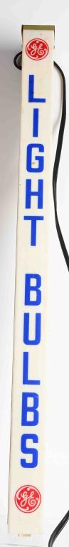 GENERAL ELECTRIC VERTICAL LIGHT-UP SIGN: General Electric vertical light-up sign. All original. No bulb was present so could not be tested. 36" Excellent