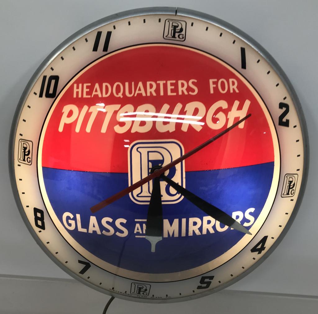 PITTSBURG PLATE GLASS DOUBLE BUBBLE CLOCK: Nice Pittsburg Plate Glass Double Bubble Clock. Very nice colors. Clean back with AP decal. Lighted up and worked when tested. 15" Excellent