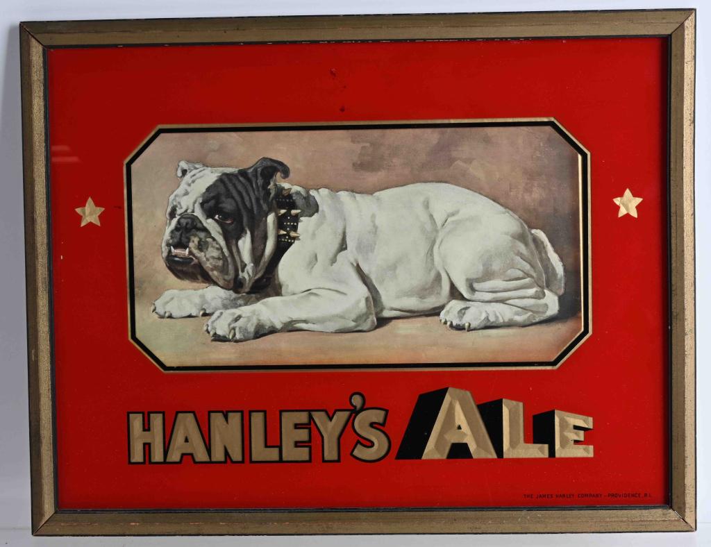 HANLEY'S ALE REVERSE PAINTED GLASS SIGN: Excellent Hanley's Ale reverse painted glass sign. Great image of Bulldog. Marked The James Hanley Company-Providence RI. 18"x14" Excellent