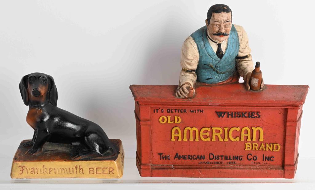 OLD AMERICAN & FREANENMUTH ADVERTISING FIGURES: Includes Frankenmuth Beer Dashchund Advertising Figure. Plus Old American Whisky Bartender Advertising Figure. Both original. Largest 10" Very Good-Excellent