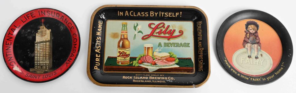 3- VINTAGE TIP TRAYS: Includes Lily Beer, Continental Insurance, and Fairy Soap Tip Trays. Nice colors and graphics. Very Good-Excellent