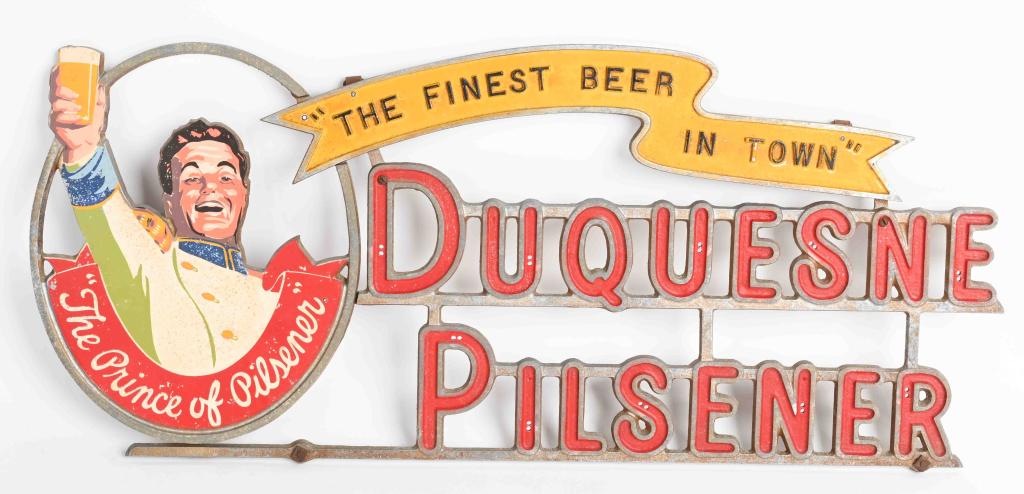 DUQUESNE PILSNER METAL SIGN: Unusual Duquesne Pilsner Metal Sign. Nice colors and image. Has factory small holes throughout the sign. Possibly also used for neons. 24" Excellent