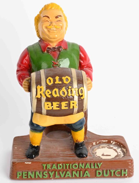 OLD READING BEER ADVERTISING FIGURE: Old Reading Beer Advertising Figure. Made to hold a bottle. Made of plaster material. Nice colors. 12" Excellent