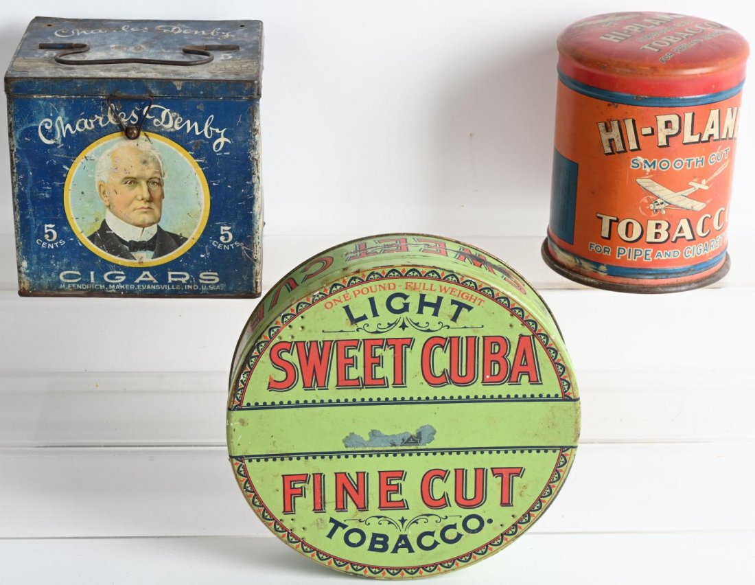 3- VINTAGE TOBACCO ADVERTISING TINS: Lot includes a 8" by 2" Sweet Cuba tin, a Hi-Plane tin, and a Charles Denby Cigar tin. General wear, nice graphics. Good-Very Good