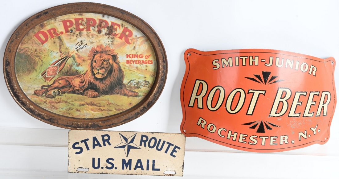 3- SODA POP & U.S. MAIL TIN SIGNS: Lot includes a 15" by 9" Smith-Junior Root Beer tin barrel sign, a Star Route U.S. Mail license plate topper, along with a rusty 1970's Dr. Pepper tray. Root Beer and U.S. Mail signs have scattered pa