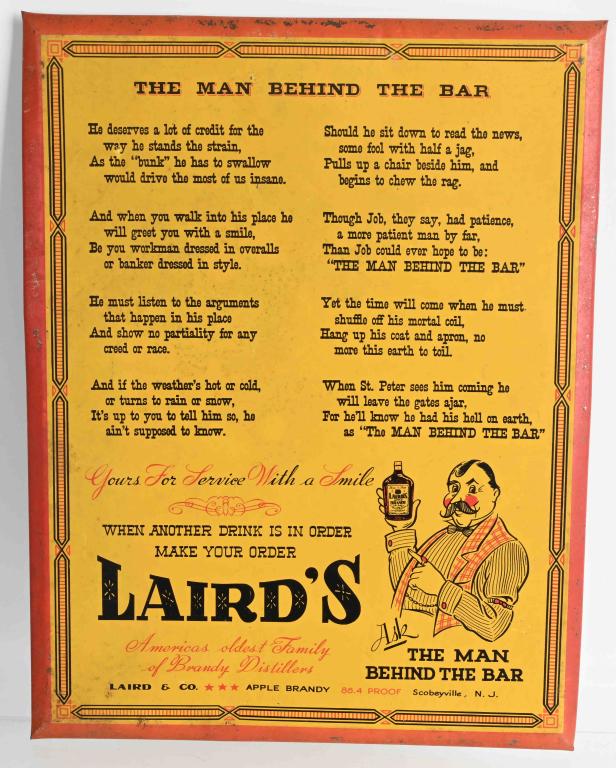 LAIRD'S APPLE BRANDY BEHIND THE BAR TIN SIGN: Laird's Apple Brandy tin over cardboard man behind the bar sign. Has saying about bartenders. Made to hang or has easel on back./ 15"x12" Very Good-Excellent