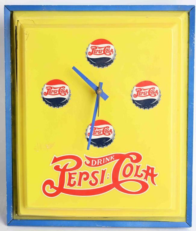 PEPSI COLA LIGHT-UP CLOCK: Pepsi Cola Light-Up Clock. Plastic face in aluminum case. Lighted up and clock work when tested. Nice colors. Has crack in 1 corner. Still displays well. 16"x13" Very Good