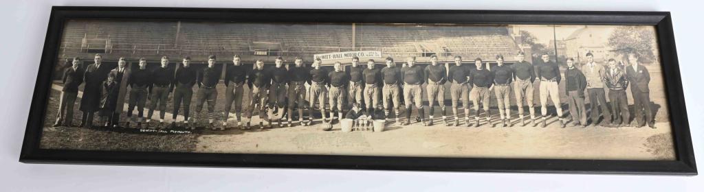1931 DEWITT HALL FOOTBALL YARD LONG PICTURE: 1931 Dewitt Hall Plymouth Football Team Yard Long Picture. Great image of early Football Team. Looks to be a minor league type team sponsored by the local Plymouth Dealer. Dated on front. 35"x9" Frame