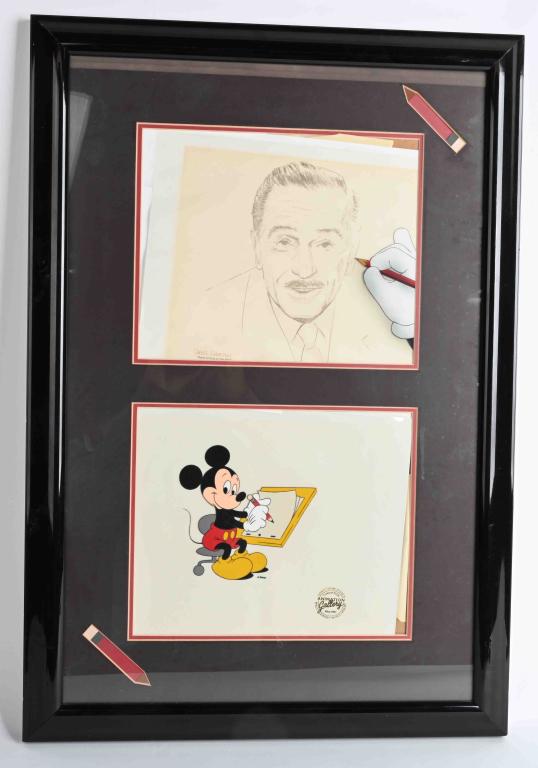 MICKEY MOUSE & WALT DISNEY CEL & DRAWING: 1989 Animation Gallery Mickey Mouse and Walt Disney Cel and Drawing. Very nice 2 piece set. Framed and matted. A nice Disney piece. 29"x20" Excellent