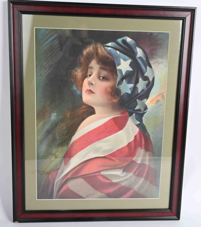 LADY LIBERTY FRAMED PRINT By BRYSON: Very nice print of Lady Liberty wrapped in the US Flag. Print signed Bryson. Professionally framed. 25"x20" Excellent