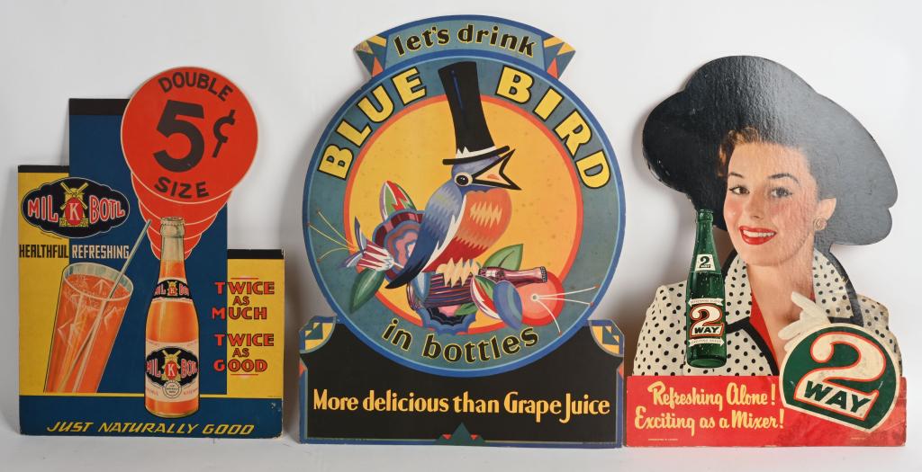 3- SODA POP CARDBOARD EASEL SIGNS: Includes 2 Way, Mil K Botl, and Blue Bird. All with nice colors. Largest 21" Very Good-Excellent