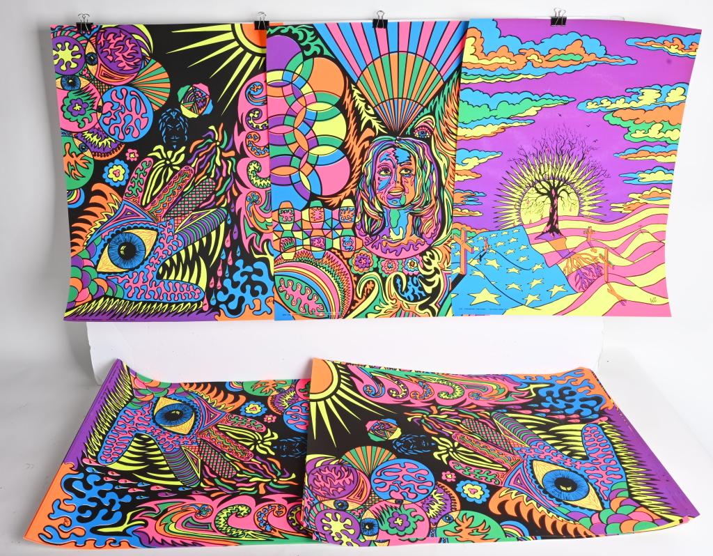 10- VAGABOND CREATIONS BLACK LIGHT POSTER: New Old Stock group of late 1960s Vagabond Creations Psychedelic Black Light Posters. Done by the artist WC. Great colors and images. 27"x20" Near Mint