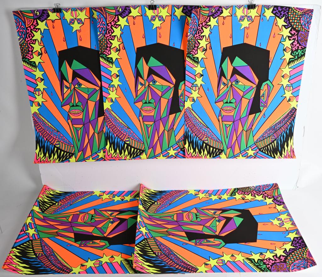 10- VAGABOND CREATIONS BLACK LIGHT POSTER: New Old Stock group of late 1960s Vagabond Creations Psychedelic Black Light Posters. Done by the artist WC. Great colors and images. 27"x20" Near Mint