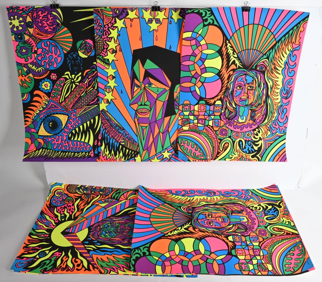 10- VAGABOND CREATIONS BLACK LIGHT POSTER: New Old Stock group of late 1960s Vagabond Creations Psychedelic Black Light Posters. Done by the artist WC. Great colors and images. 27"x20" Near Mint