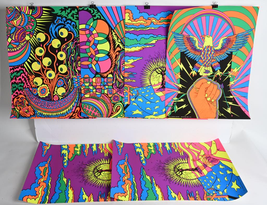 10- VAGABOND CREATIONS BLACK LIGHT POSTER: New Old Stock group of late 1960s Vagabond Creations Psychedelic Black Light Posters. Done by the artist WC. Great colors and images. 27"x20" Near Mint