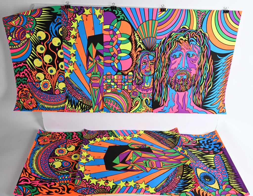 10- VAGABOND CREATIONS BLACK LIGHT POSTER: New Old Stock group of late 1960s Vagabond Creations Psychedelic Black Light Posters. Done by the artist WC. Great colors and images. 27"x20" Near Mint