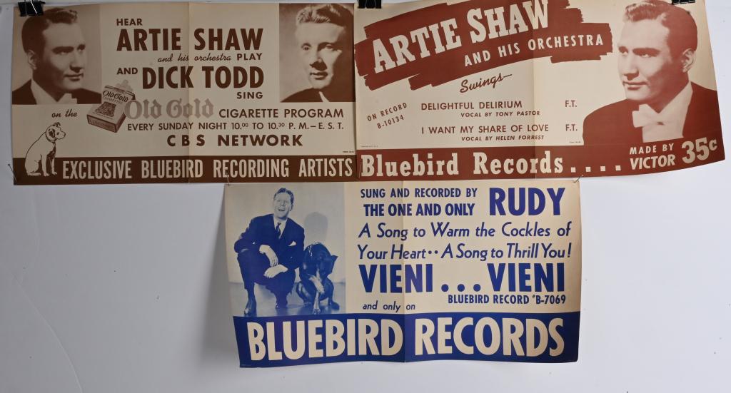 3- BLUEBIRD RECORDS ARTIE SHAW & MORE POSTERS: Lot of 3 Bluebird Records Artie Shaw, Dick Todd, and Rudy Posters. 20"x10" Excellent