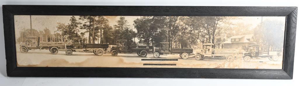 GRAMM BERNSTEIN MOTOR TRUCK CO YARD-LONG PICTURE: Great early tyrd-long picture showing Gramm Bernstein Motor Trucks. Great image of 6 different trucks. Framed. Has some staining on lower portion, but still displays well. 42"x10 1/2" Very Good