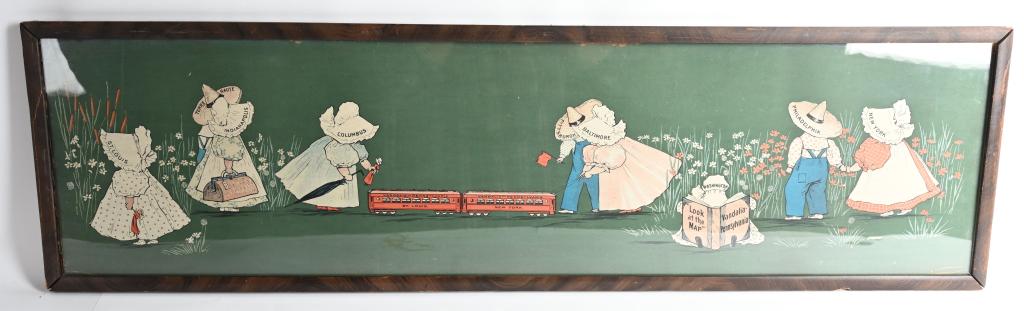 VANDALIA PENNSYLVANIA TRAIN LINES YARD-LONG SIGN: Early Vandalia Pennsylvania Train Lines Yard-Long Advertising Print. Shows girl sin bonnets advertising railroad stops. Show image of train cars. Framed. 43"x12" Excellent