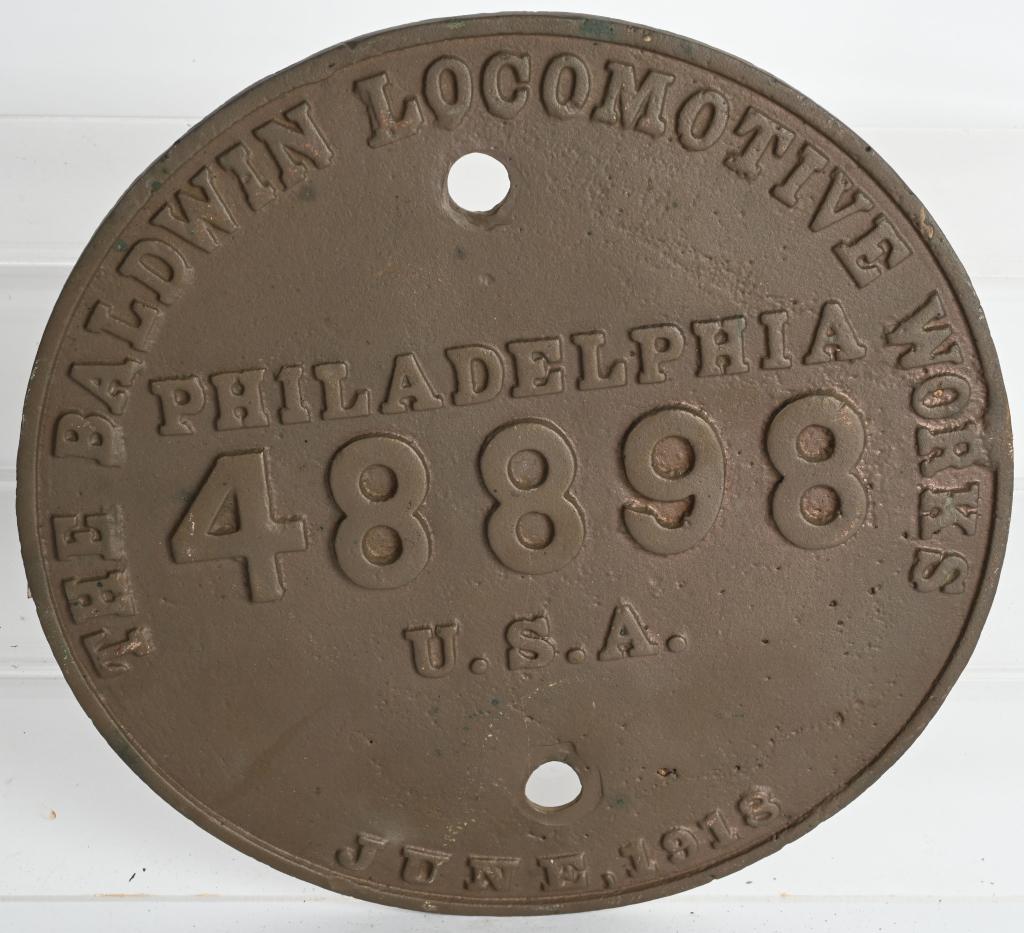1918 BALDWIN LOCOMOTIVE BUILDER PLATE 48898: Baldwin Locomotive Builder Plate 48898. Heavy brass plate dated June 1918. 9" Excellent