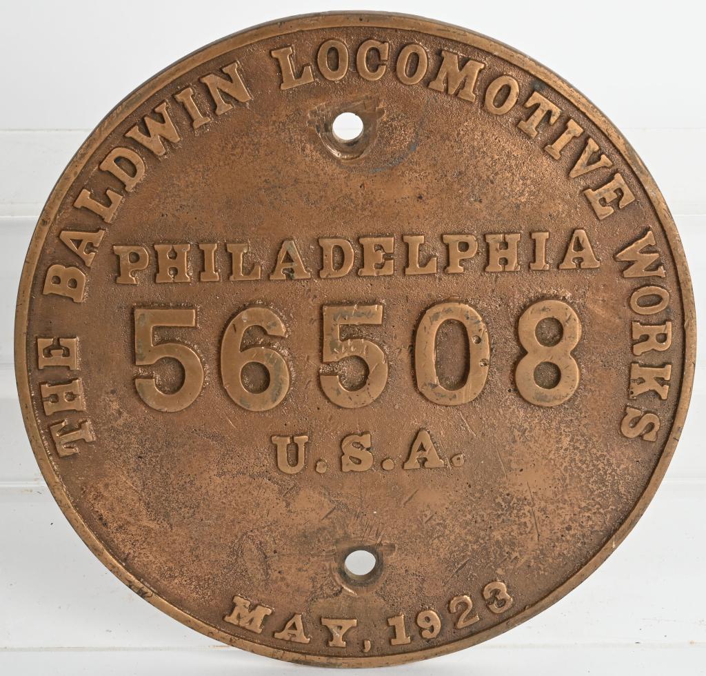 1923 BALDWIN LOCOMOTIVE BUILDER PLATE 56508: Baldwin Locomotive Builder Plate 56508. Heavy brass plate dated May 1923. 9" Excellent