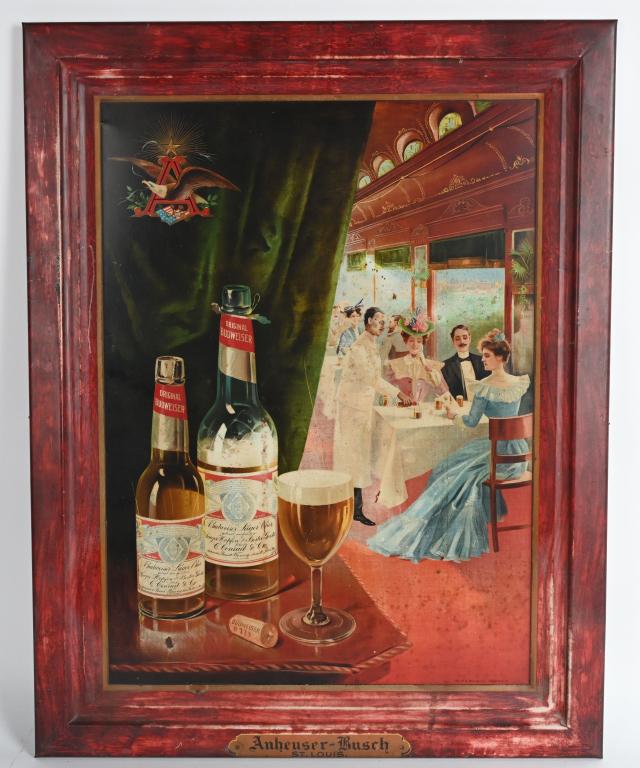 ANHEUSER BUSCH SELF FRAMED TIN SIGN: Early Anheuser Busch self framed tin Sign. Great victorian image of fancy dressed people enjoying their beer. Self framed. Very nice colors. Marked HD Beach Co Coshocton, O along bottom. Frame has woo