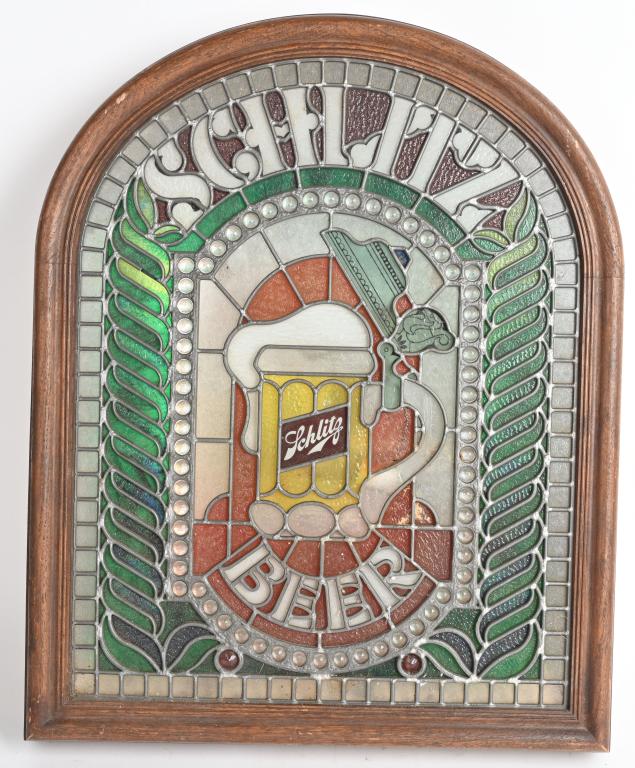 SCHLITZ BEER STAINED GLASS STYLE LIGHT-UP SIGN: Schlitz Beer plastic Stained Glass Style Light-Up Sign. Very nice details. 25" Excellent