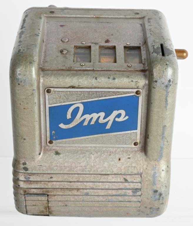 GROETCHEN 1c IMP TRADE STIMULATOR: All original slot machine style Trade Stimulator. Reels have vintage Cigarette Brands. Complete but will need some attention to make it works. Comes with key but lock won't open. 6" Very Good