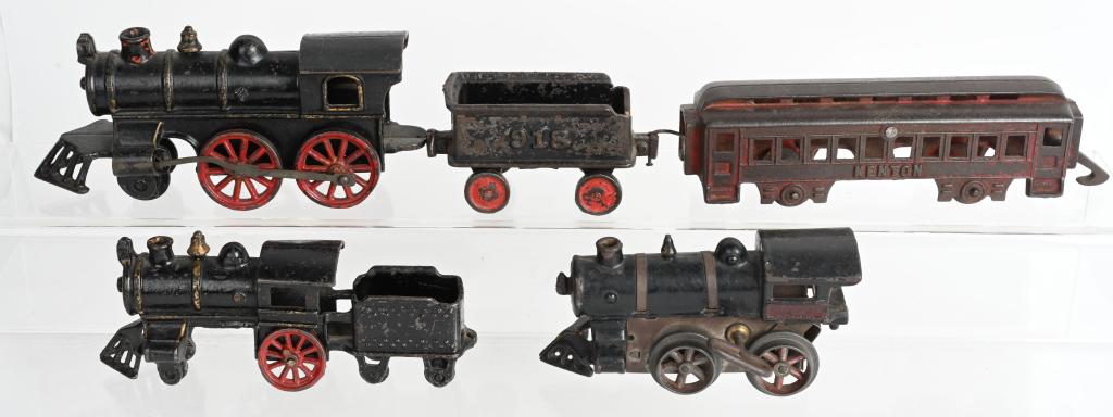 CAST IRON TRAIN ENGINES & MORE: Includes 2 Floor Train Engines, Windup Engine, 918 Tender, and Pullman Car. All original. Largest 7 1/2" Very Good-Excellent