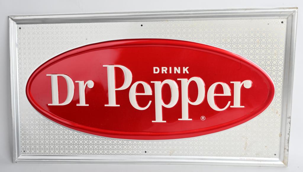 DRINK DR PEPPER TIN EMBOSSES SIGN: Drink Dr Pepper tin embossed Sign. Very nice colors. 32" x 17 1/2" Excellent