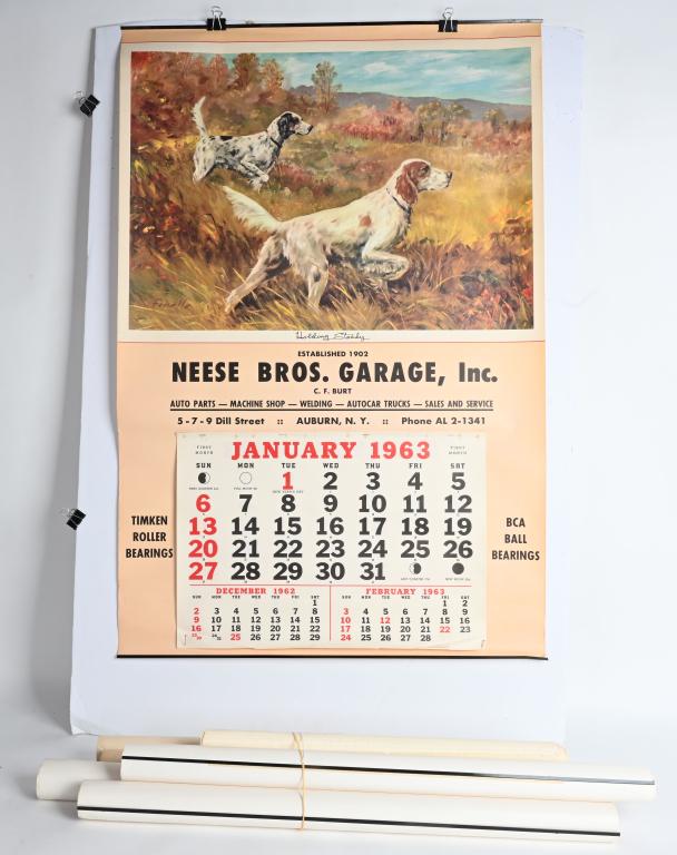 7- 1960s-70s HUNTING DOG & WINCHESTER CALENDARS: Includes 6 1960s Neese Brothers Garage Calendars featuring Hunting Dogs. Plus 1976 Winchester Calendar. 30" Excellent