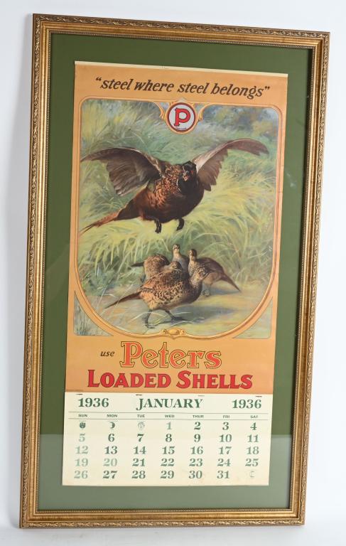 FRAMED 1936 DATED PETERS LOADED SHELLS CALENDAR: Professionally framed Peters full color 1936 dated ammunition calendar in full color with both top and bottom metal bands. Light rust on staples and some minor age spotting on bottom but very minor. C