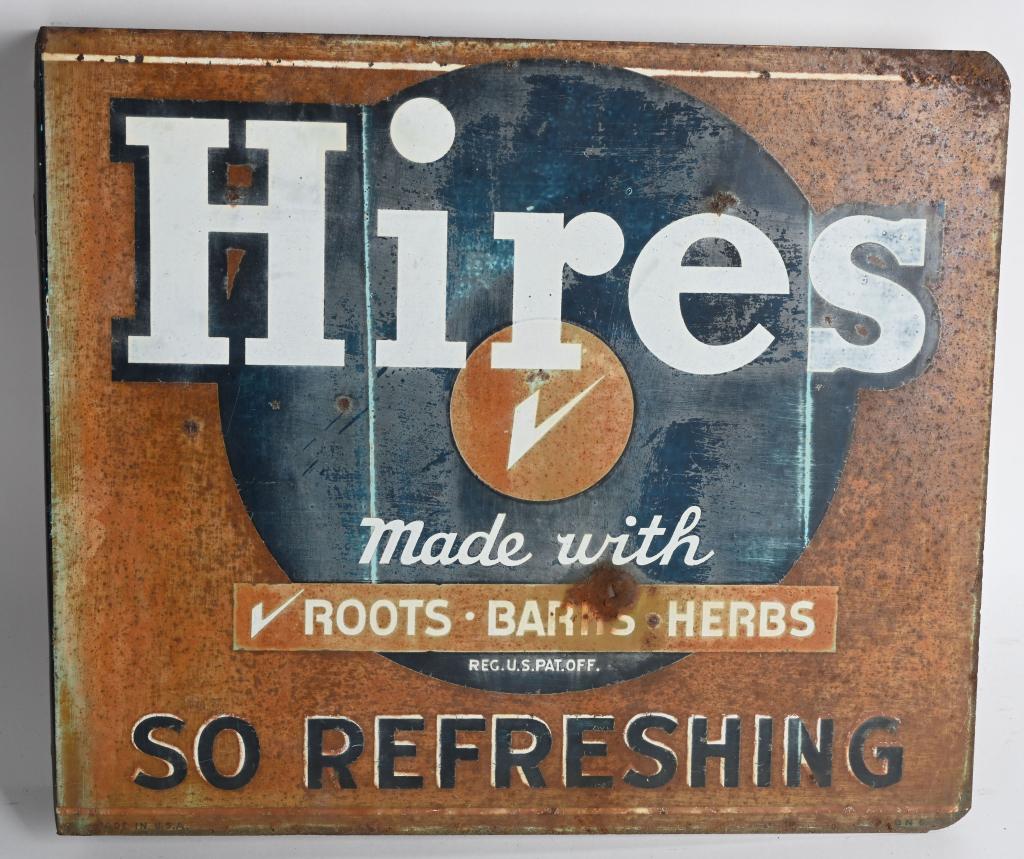 HIRES ROOT BEER FLANGE STYLE SIGN: Hires Root Beer double sided flange Sign. Marked BN9 along bottom. Colors have faded. 14"x12" Very Good