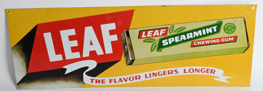 LEAF SPEARMINT CHEWING GUM TIN SIGN: Leaf Chewing Gum tin sign. Very nice colors. Some bends near mounting holes. 25"x9" Excellent