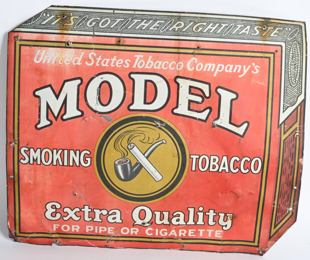 MODEL TOBACCO TIN SIGN: Model Tobacco tin Sign. Has creases and wear. 18 1/2" x 15 1/2" Good