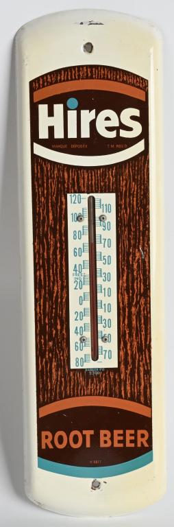 HIRES ROOT BEER TIN THERMOMETER: Hires Root Beer tin Themometer. Marked Barker 70 2300. Very nice colors. 17" Excellent