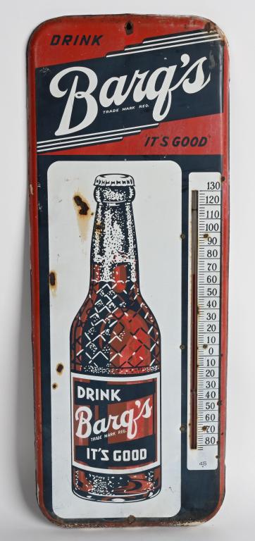BARG'S ROOT BEER TIN THERMOMETER: Hires Root Beer tin Thermometer. Faded colors. 25" Very Good