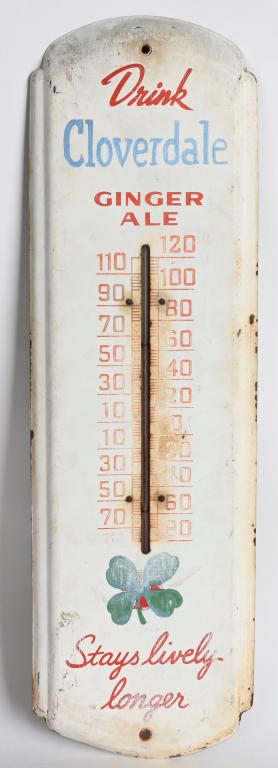 CLOVERDALE GINGER ALE TIN THERMOMETER: Cloverdale Ginger Ale tin Themometer. Faded colors. 26" Very Good